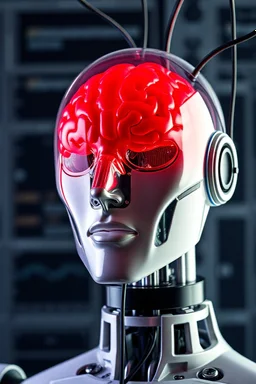 Photo of red brain on robot face inside A glass cylinder connected with wires to main computer