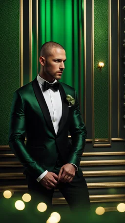 Handsome tough Alpha Male aged 30. buzz-cut hair, stubble on chin, wearing a black tuxedo with a green bow tie. Hyperrealistic 4k dark fantasy