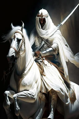 An Arab warrior holding two swords, sitting on horseback, wearing a white robe, strong, mysterious, frightening, fantasy, high quality