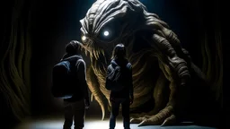 شخص واقف امام وحش مخيف للسفر عبر الزمن الشخص ينضر الا الوحش المخيف ولجو مخيف ومضلم