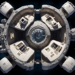 highly detailed city spacecraft in space , docking bays recessed in the sides, luminescent , 35 mm focal length