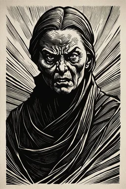 create a deeply powerful evocative, full body woodcut of an angry cursed woman with finely detailed and deeply cut facial features, in the style of KATHE KOLLWITZ , searing lines and forceful strokes, hyper detailed and precisely cut