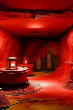 An orangish red underground mine with beetles designed in Chinese paper art painted by Mark Rothko