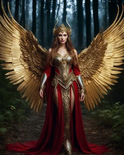 Photography full body A Length image of very beautiful Super model Russian Woman,long hair red as an Beautiful Archangel with wings made from metal craft,dressing luxurious gown golden and black color armor filigree combination fully crystals diamonds stone,in magical night forest full of lamps Background