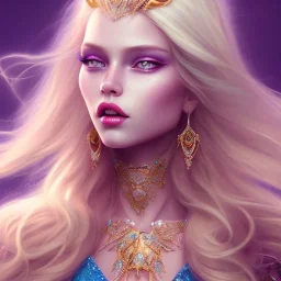 a princess with a lot of jewellery, long blonde hair, gold lipstick, blue eyes,with feather dramatic, dramatic lighting, pixar style, volumetric lighting, hyperrealism, 8k, high quality, photorealistic, lot of details