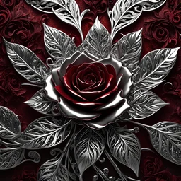 award winning close up photograph of a Stunning filigree (METAL ROSE:1.5) with reflective metal white-silver petals and platinum metal leaves, dramatic crushed dark red velvet curtain backdrop, perfect showroom lighting, cinematic shot fitting of a jewelry magazine, dark space sky, intricate mech details, ground level shot, 64K resolution, Cinema 4D, Behance HD, polished metal