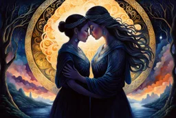 girl and her mother in an mystic of eight shining, shadows shape, etheral, many female generations, shadows, love, embracing each other, touching, mystic relationship, expressive illustration of the mother-daughter relationship detailed matte painting, deep color, fantastical, intricate detail, splash screen, fantasy concept art, Gouache Style, Watercolor, Epic, Masterpiece, Thick Brush Strokes, Impasto Gouache, thick layers, Soft muted colors, beautiful details, spiritual design