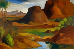 A brown rocky desert painted by Paul Gauguin