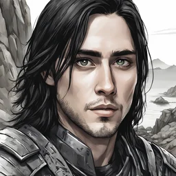 A portrait of Jared Leto in his early 30s, long beachy haircut, black hair, on a rocky island, in ebony armor from Skyrim, melancholic and dangerous facial expression, half-smiling, drawn in the style of ink manga sketch