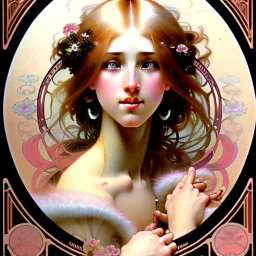 woman, beautiful, cute, long pink hair with bangs, brown eyes, by Alphonse Mucha