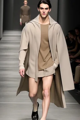 a guy winter fashion runway with modern clothes inspired by Superman Kryptonian style clothes, embroidery elegant fashion beige tones