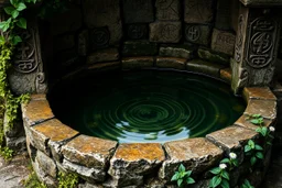 A closeup shot of the Ancient Well, medieval fantasy style with mysterious undertones. The well's weathered stones are intricately carved with cryptic symbols and forgotten stories, partially veiled by climbing vines and moss. The water's surface shows unusual patterns - mostly clear but with subtle, inexplicable swirls of cloudiness catching strange light reflections. Around the well's base, a careful observer might notice medicinal herbs growing with unusual vigor - feverfew, sage, and yarrow