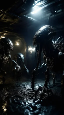 Si-Fi, a group of strange creatures warier inside The cave of Batman atmospheric lighting effects, intricate industrial details, moody atmosphere, eerie grimdark ambiance, complex motherboard accents, speculative fiction art. Bokeh, realistic image