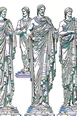 Architecture of ancient Rome of the II century AD Statues of ancient Roman gods contour reconstruction. The drawing is linear, in the style of vector graphics, black and white. High image quality in 8K