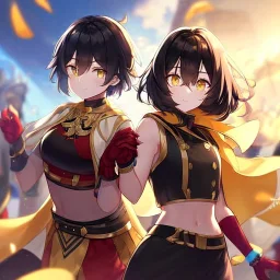 Clear focus,High resolution, Black short fluffy hair, and yellow eyes, wearing a black short skirt, sleeveless crop top, wearing long dark red gloves, yellow cloak, Holding hand out