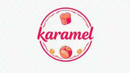 A round logo named (karamel) designed for a candy store with a red and pink gold color theme on a white background and the use of cream, chocolate and toffee candy icons in the design