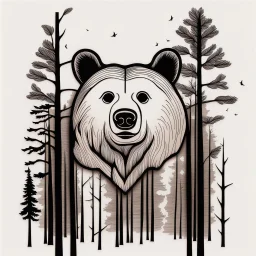 M shaped bear head combined with woods silhouette in backround, letterpress style, minimalistic pencil art