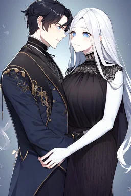 A beautiful young woman with long white hair and blue eyes, pale skin with opal freckles. Wearing a black dress. A man with long black hair in a Victorian suit. Couple.