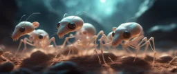 close up on dented glowing transparent ant skeleton rat babies, raised by ninja necromancer in the wild, in surreal landscape