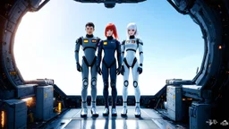 Photorealistic picture of a man in a flight suit with two tall, slender female androids in biosuits, one with red hair and one with white hair, standing on the bridge of a spaceship.