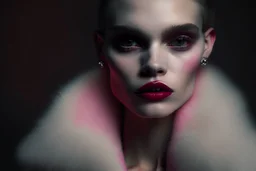 Minimalistic portrait of a beautiful woman with red lips and cold big eyes wearing earrings, a light pink fur coat in a haute couture style isolated on a dark background, cinematic lighting, ultra-realistic, shot in the style of hasselblad x2d + pishington e skinner + peter coulson, minimalism --ar 5164