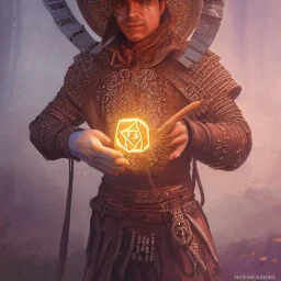 Insanely detailed photograph of a d&D warrior “male mariachi holding glowing D20” with intricate detailed Sombrero, intricate charo, hyperdetailed painting by Ismail Inceoglu Huang Guangjian and Dan Witz CGSociety ZBrush Central fantasy art album cover art,8K, hdr, mysterious, flickeringlights ,Stoic