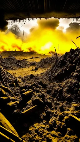 view from inside a trench from the first world war, flying debris, smoke and ash, screams and agitation, despair, fujifilm, in the style of Roy Lichtenstein