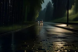 It's night outside. A close-up of rain hitting the pavement but still visible in the background, is a dark forest