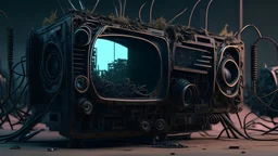 Futuristic black gadget tv made with engine parts and wires dysoptia cyberage HAWKEN postapocalyptic dysoptia scene photorealistic uhd 8k VRAY highly detailed HDR