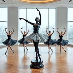 photo of a statue of ballerina made of black marbel in a modern ballroom with some exersising ballerinas