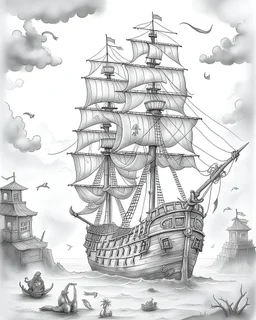 Pirates of the Caribbean: Ghostly Ship in the Mist Coloring Adventure: Design an intriguing coloring page inspired by the Pirates of the Caribbean movie, featuring a ghostly pirate ship emerging from thick fog. Encourage young artists to embrace the mysterious atmosphere, playing with shades of gray to create shadows and highlights. Minimize background and lines, allowing kids to immerse themselves in the eerie scene as they bring this ghostly ship to life in their unique black-and-white creatio