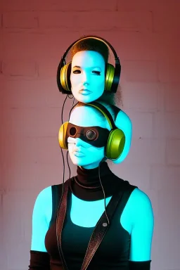 Post-apocalypse. Cinnamon. Technological singularity. Fake smile, camera-eyes, cables, selfies, 3D-tiles background, lighted shelf full of heads, cyber-punk full-mask. Lay figure woman with plastic milky, plank skin, no head. Haute Couture 90's. Light from right. Silver, black, Cyan. Big AKG headphones. Golden rings and discs. Thick tights, Thick calves, Curved fell, Wide hip. Two torsos are growing from the long tippet of earlier torso. chaotic. fractals.