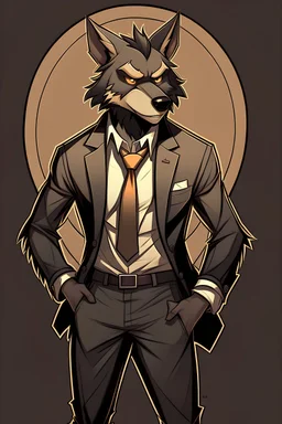 Buff, anthro, wolf, himbo, black fur, gold eyes, wearing a suit, full-body