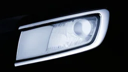 vehicle headlight(with chrome trim) on black background, add details and inner glow