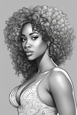 Create a coloring page of a beautiful curvy black female looking to the side with curly hair. No shading, No color, clean lines