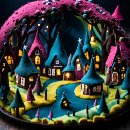 A fairytale village made of cake-frosting and felt, people walking inside it, high contrasts, frame, extreme detailed, movie shot, volumetric light, rich moody colors, noon-light, nightmare, bokeh, also something else, orero dream, Max Ernst style