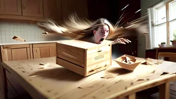 wooden table with invisible tabletop while woman starts frantically tearing through the box all over theo room