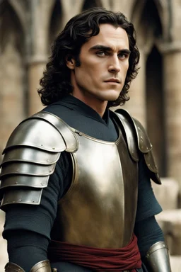 Joaquin Phoenix from year 2000, draped waves haircut, black hair, in medieval setting, in medieval armor colored back