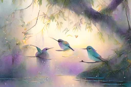 closeup, a colorful hummingbird family perched in the canopy, the siblings eating (opened mouth, the mother feeding them), twilight, looking down on the river through the canopy of a tree, on a misty twilight. over a misty pond in the hieght of fall. Watercolour by Alison Brady. Pastel colours S<AI in sunshine, ethereal, otherwordly, cinematic postprocessing