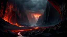 The Valley of the shadow of death. a rift in the cliffs full of burning magma. intensely hot. dark fantasy concept art, exquisite realism, a masterpiece, dynamic lighting, hyperdetailed, intricately detailed, deep color, Unreal Engine, volumetric lighting , Epic cinematic brilliant stunning intricate meticulously detailed dramatic atmospheric maximal,