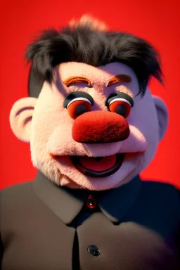 Waist up muppet Portrait, Kim Jong-un as muppet doll, black suit, photo studio, red background, unreal engine 5, concept art, art station, god lights, ray tracing, RTX, lumen lighting, ultra detail, volumetric lighting, 3d.