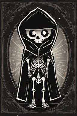 vinyl art toy skeleton in a black hooded cloak drawn in a retro mascot style, inside a light diamond shape on a black background, monochromatic