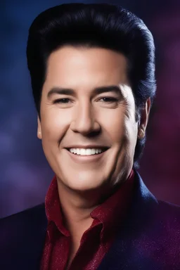 facial portrait - Elvis Wayne Newton, Smiling - 32k, UHD, 1080p, 8 x 10, glossy professional quality digital photograph - dark blue and dark red, and light maroon and purple and foggy black gradated background, historic, powerful, octane rendering, exquisite detail, 30 - megapixel, 4k, 85 - mm - lens, sharp - focus, intricately - detailed, long exposure time, f8, ISO 100, shutter - speed 1125, diffuse - back - lighting, ((skin details, high detailed skin texture)), (((perfect face))),