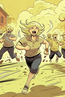 a fat terrified blonde woman running away from an angry mob