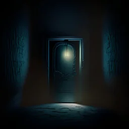 an illuminated door in the middle of the darkness
