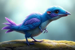 adorable blue and purple bird, elongated like a dino and fluffy like in an dreamlike animation, with a rat face