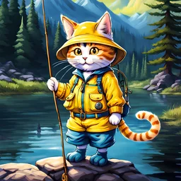 fantasy 90's tcg art of a cute cat wearing a fisherman's yellow outfit and holding fishing pole near lake