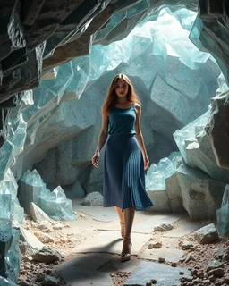 make a picture pretty cave made of crystal diamond 3d fractal recursive cubic and sphere base structures and a beautiful fashion model lady with cute,with dark cyan decholte top and pretty pleated midi skirt,siver she walks in cave ,dynamic camera zoom to full body and fallow her inside cave dynamic lights.