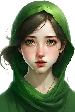 فتاة ترتدي حجاب و خمار اخضر و قصيرة و وجهها دائري وعيناها بنيتان و انفها صغير وشاربها صغير