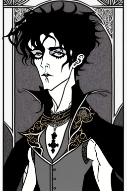 goth male necromancer with black hair playing atheramin in the style of Aubrey Beardsley